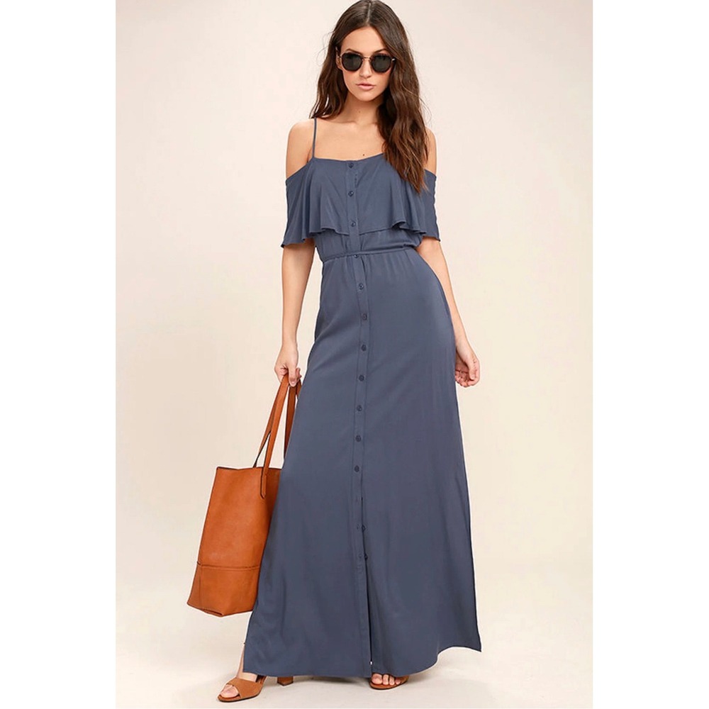 Lulus Slate Blue Off the Shoulder Ruffle Button Down Maxi Dress Medium